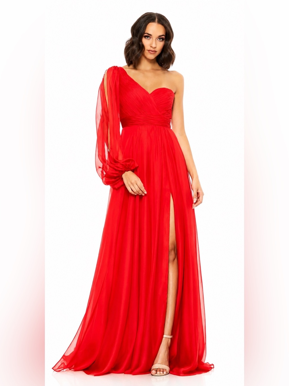 Mac Duggal One-Shoulder Red Chiffon Evening Gown